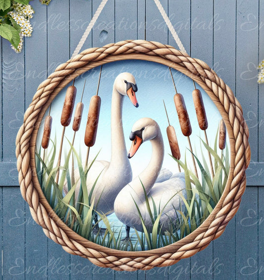 SWANS DOOR HANGER, wreath sign png, round cutting board for sublimation high resolution,