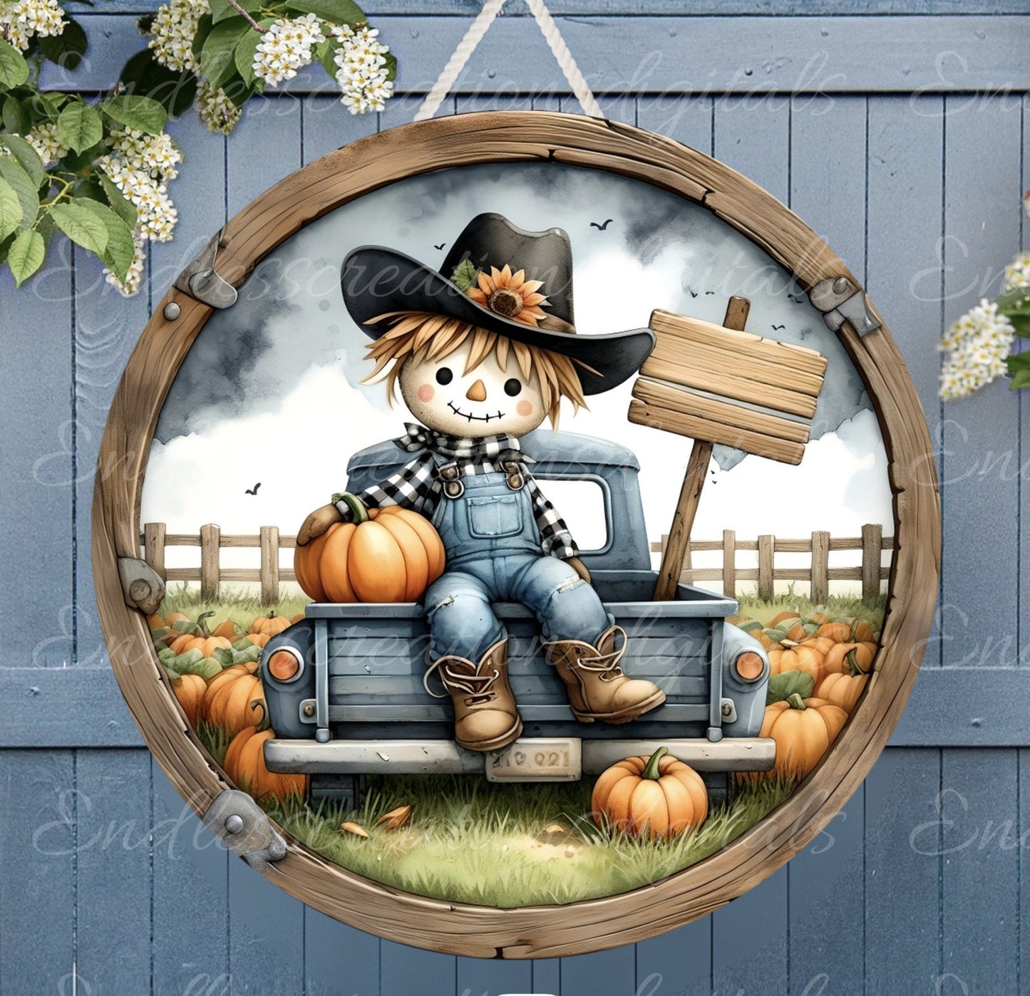 FALL SCARECROW TRUCK door hanger, wreath sign, cutting board png, for sublimation high resolution 2 files for download, 1 add your own text