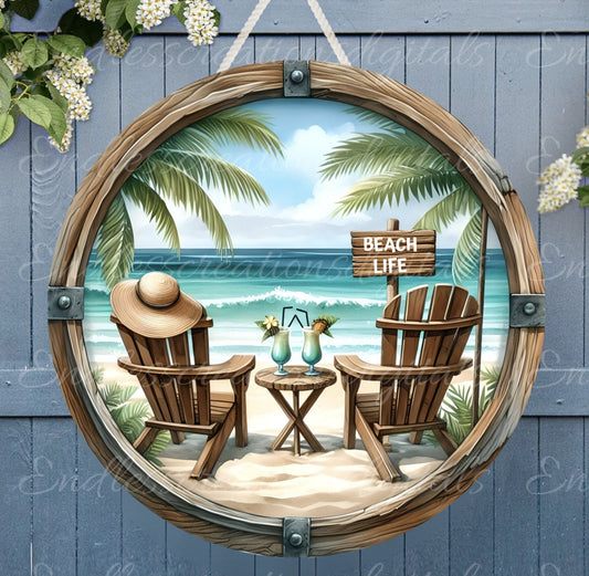 TROPICAL BEACH LIFE door hanger, wreath sign png, for sublimation high resolution, 2 files, 1 add your own text