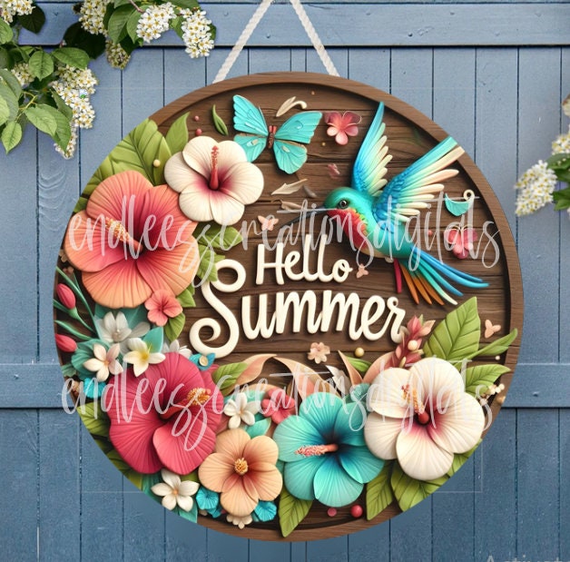 HELLO SUMMER door hanger, wreath sign png, wind spinner for sublimation high resolution,