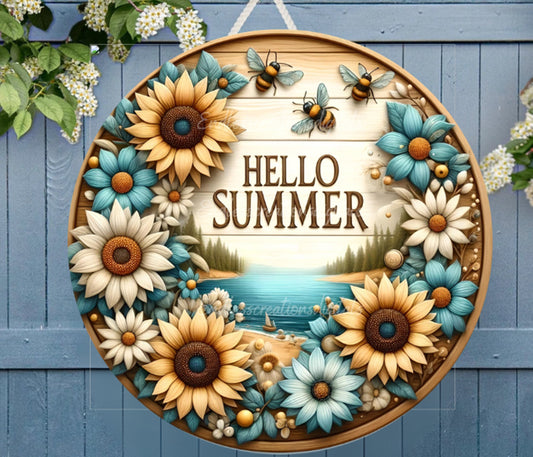 HELLO SUMMER door hanger, wreath sign png, wind spinner for sublimation high resolution,