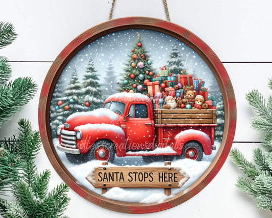 SANTA STOPS HERE door hanger, wreath sign, round cutting board,  for sublimation high resolution, 2 files for download, 1 add your own text