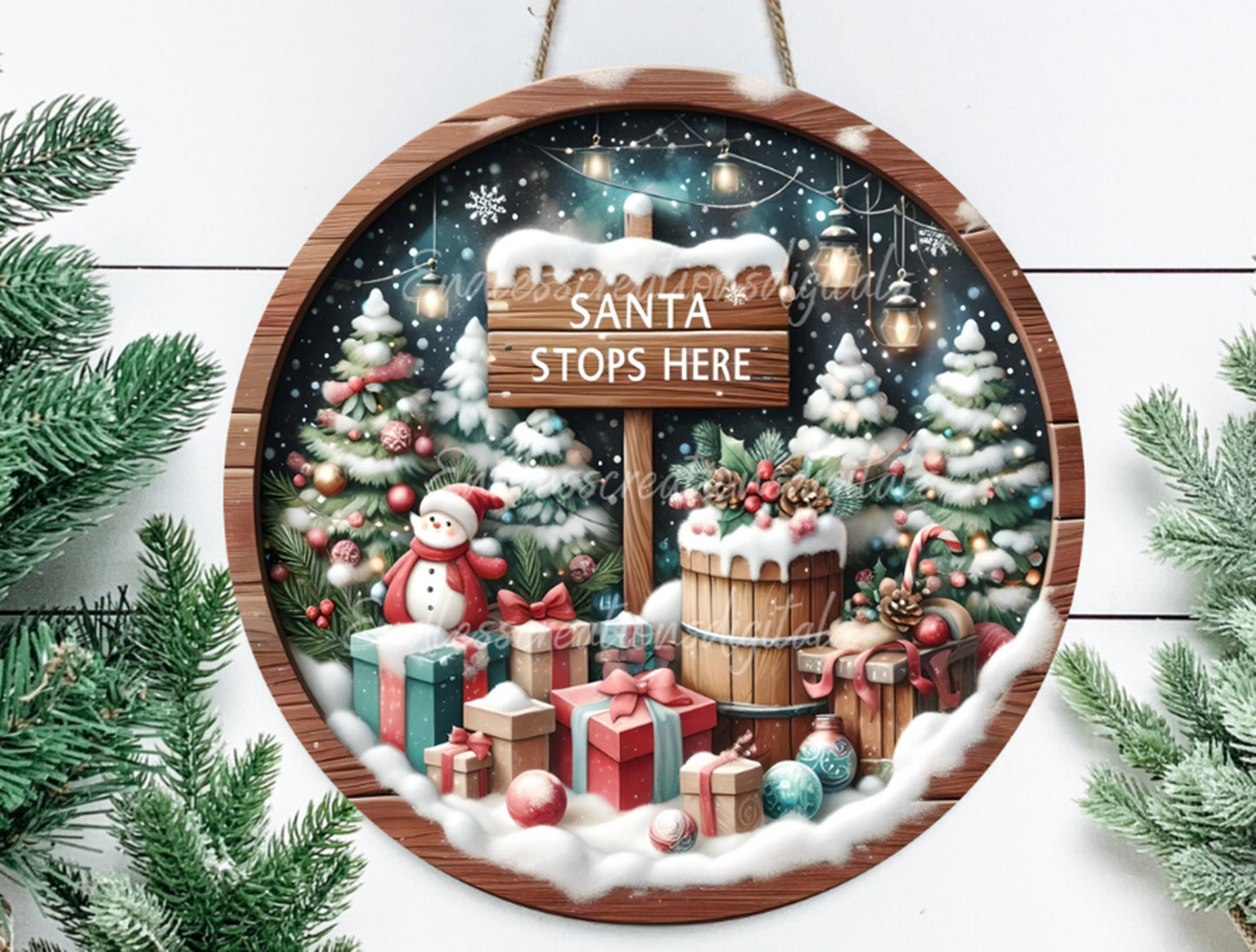 SANTA STOPS HERE door hanger, wreath sign, round cutting board,  for sublimation high resolution, 2 files for download, 1 add your own text