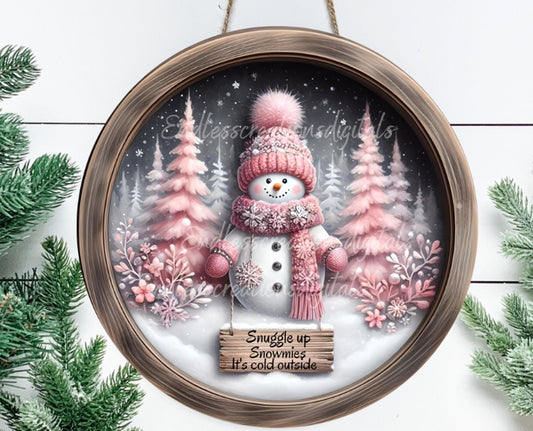 PINK SNOWMAN DOOR hanger, wreath sign, round cutting board png,  for sublimation high resolution, 2 files for download, 1 add your own text