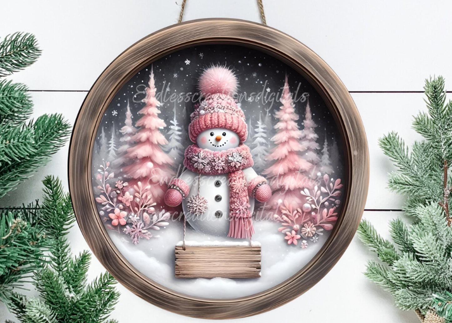PINK SNOWMAN DOOR WINTER ROUND