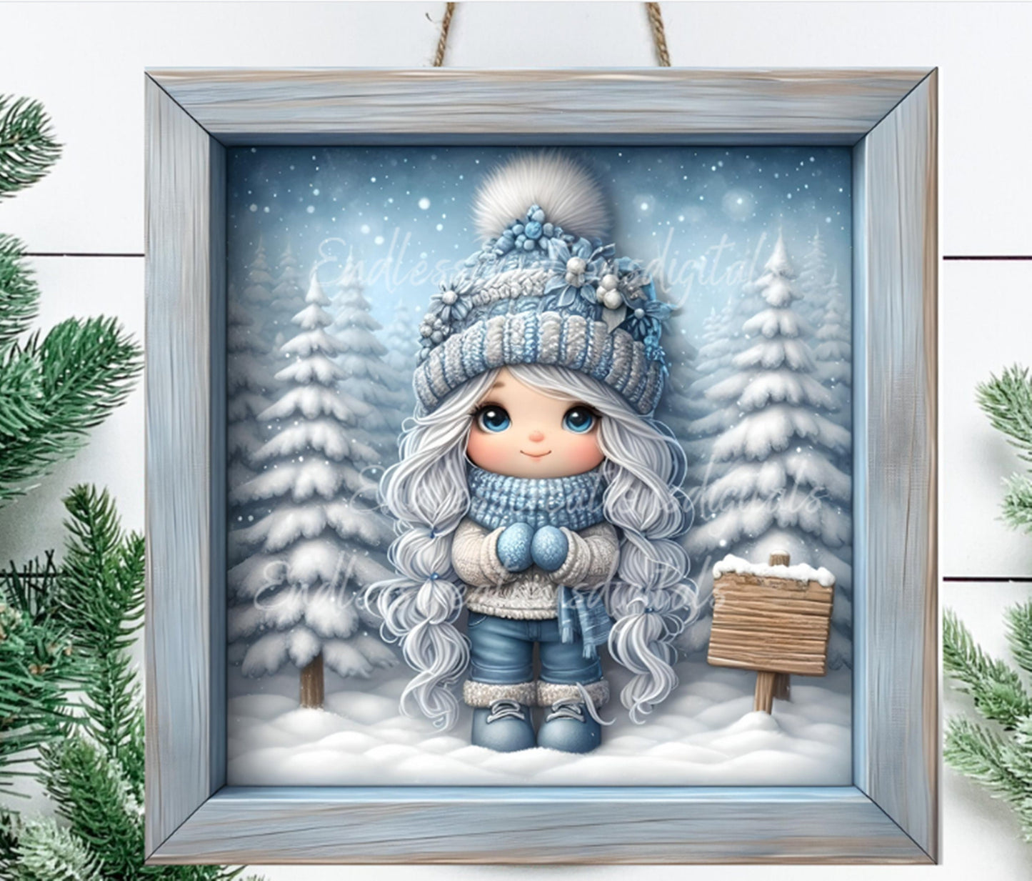 BLUE GIRLGNOME SQUARE door hanger, wreath sign, round cutting board  for sublimation high resolution, 2 files, 1 add your own text