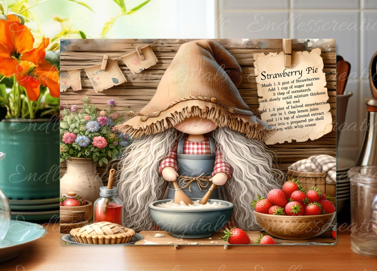 STRAWBERRY GNOME CUTTING glass cutting board sublimation, high resolution 2 files, 1 add your own text