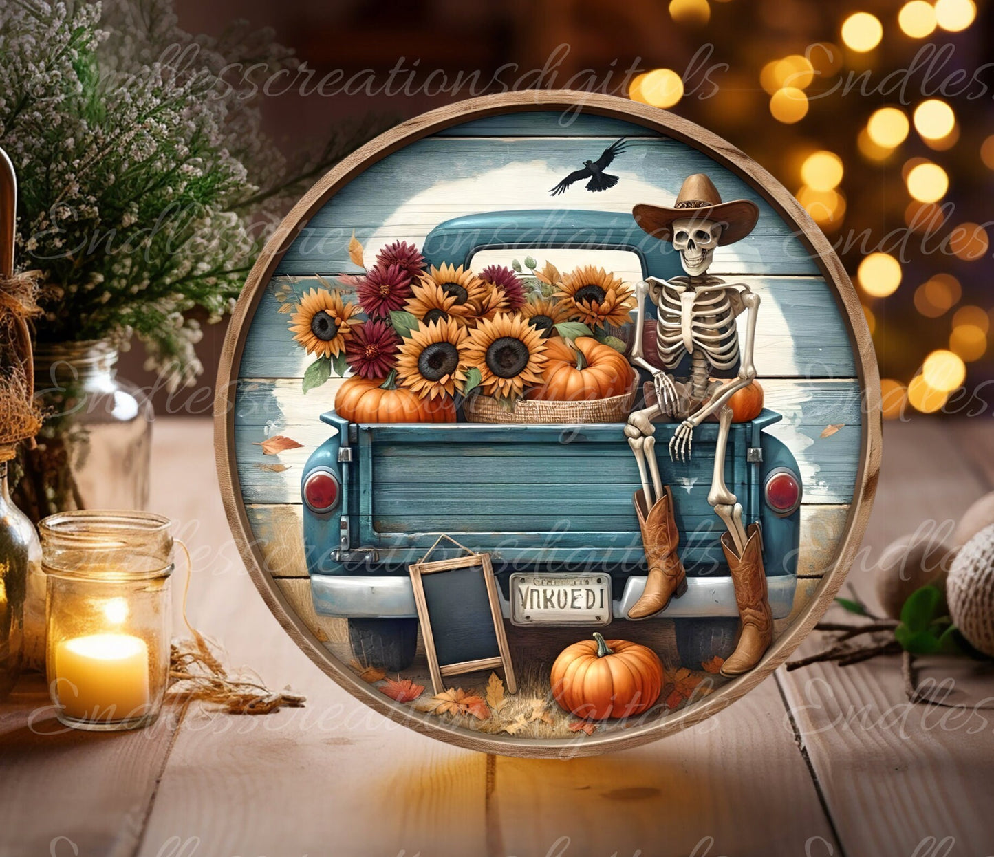 ROUND FALL TRUCK door hanger, wreath sign,  cutting board png, for sublimation high resolution 2 files, 1 add your own text