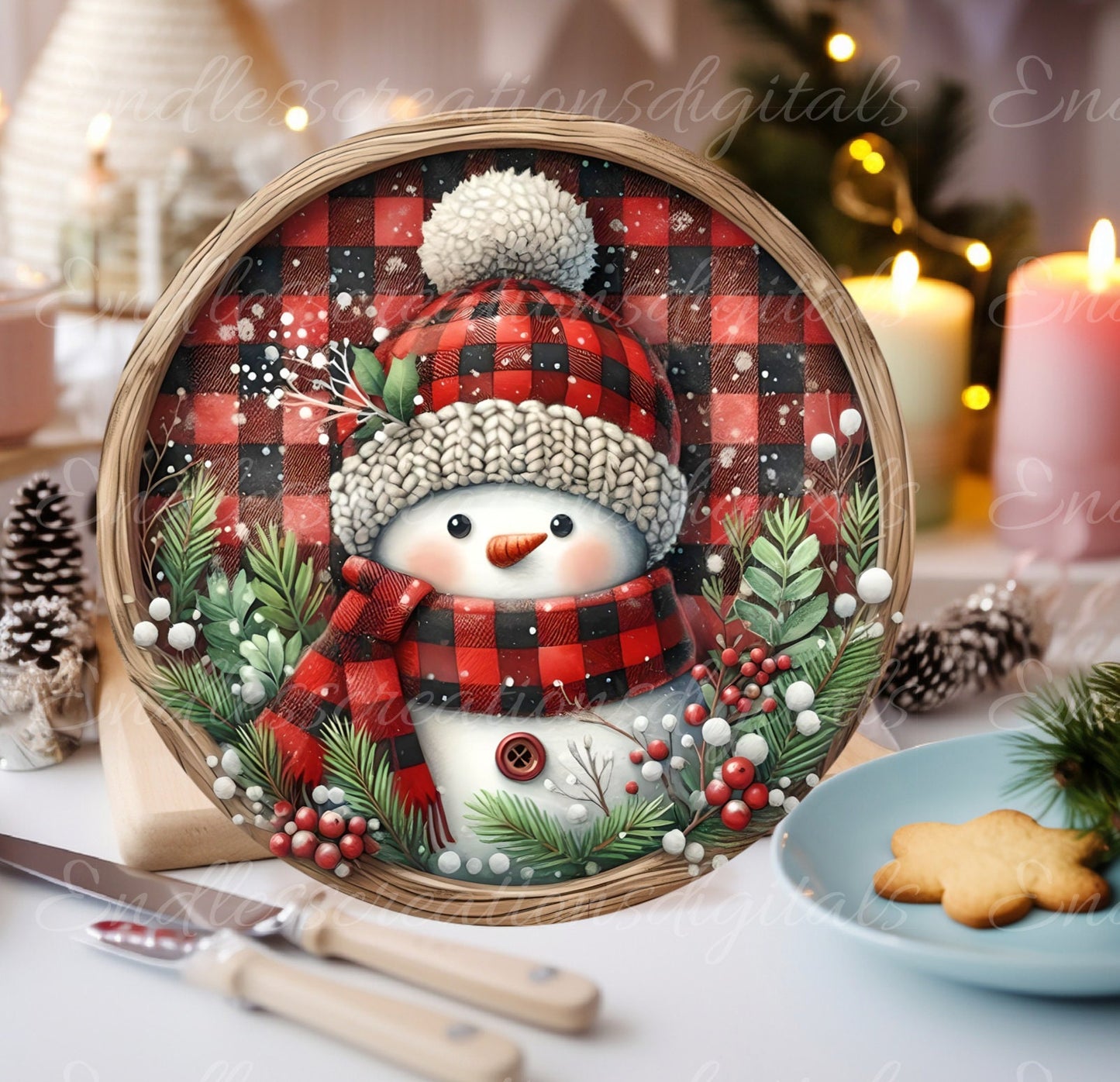 BUFFALO PLAID SNOWMAN hanger, wreath sign, round cutting board png,  for sublimation high resolution, 2 files  1 add your own text