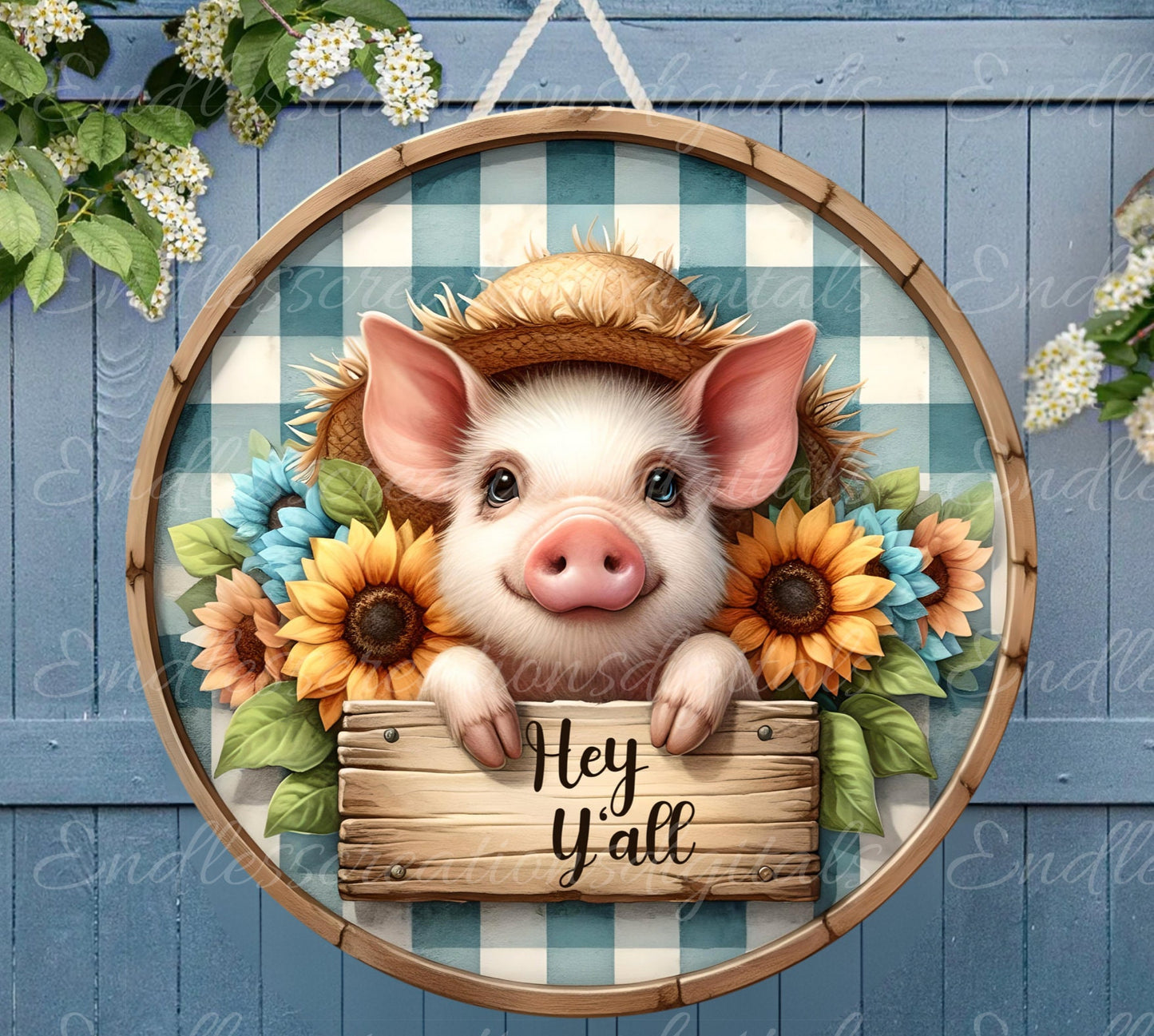 SUNFLOWER PIG SUBLIMATION door hanger, wreath sign, round cutting board png, for sublimation high resolution