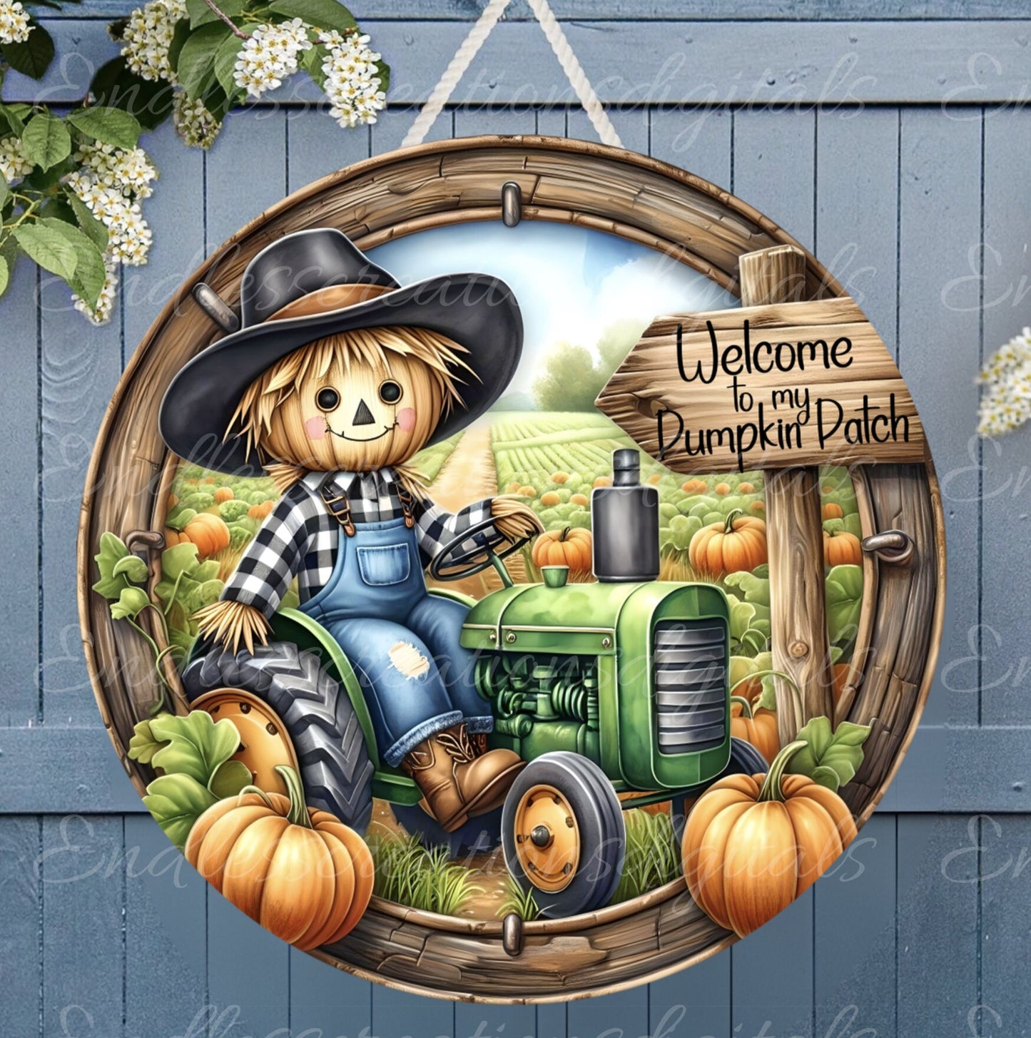 FALL SCARECROW TRACTOR door hanger, wreath sign, cutting board png,  sublimation high resolution 2 files for download, 1 add your own text