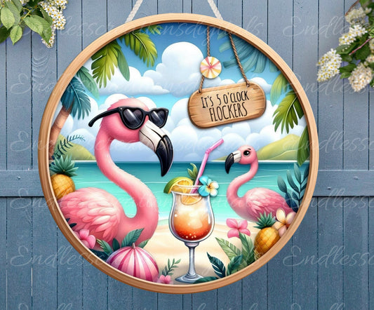 TROPICAL FLAMINGOS SUBLIMATION door hanger, wreath sign png, for sublimation high resolution 2 files, 1 add your own text