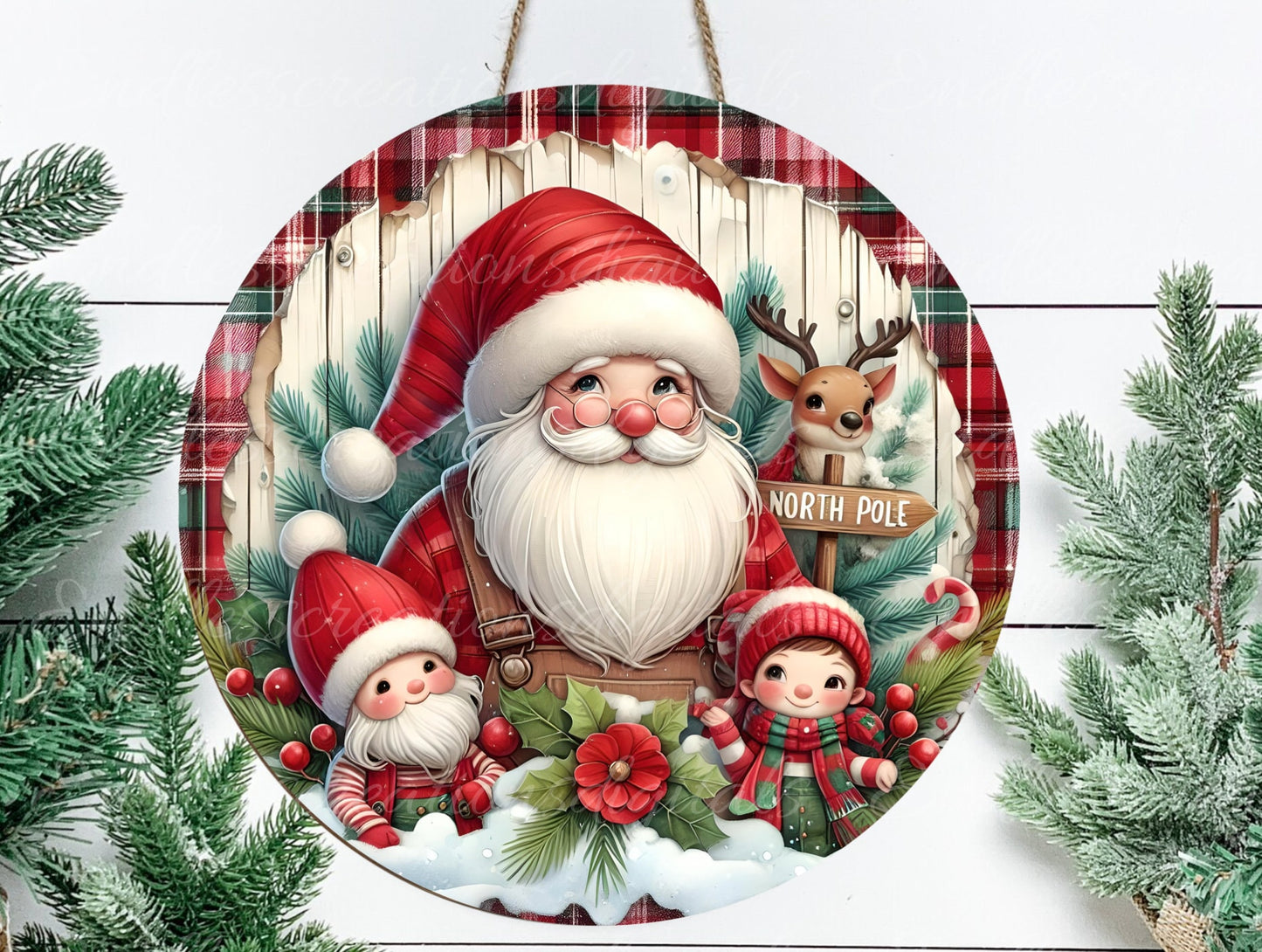 SANTA ELVES REINDEER door hanger, wreath sign, round cutting board png,  for sublimation high resolution, 2 files  1 add your own text