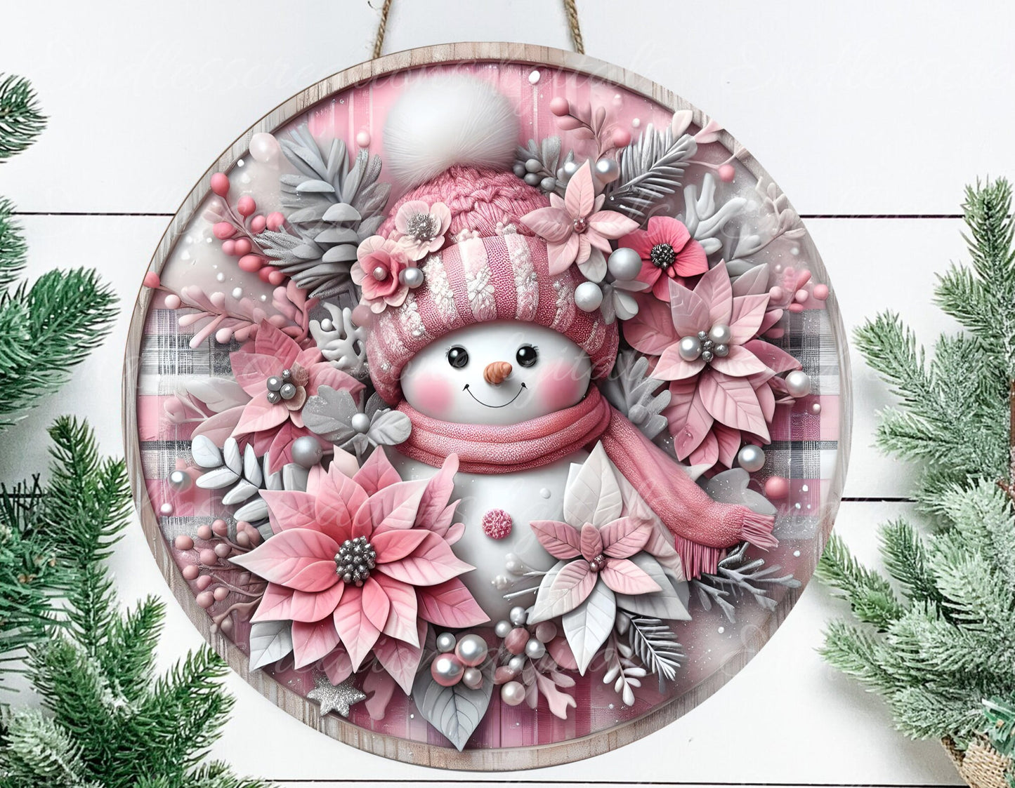 PINK SNOWMAN DOOR hanger, wreath sign, round cutting board, tree ornament etc. png,  for sublimation high resolution,