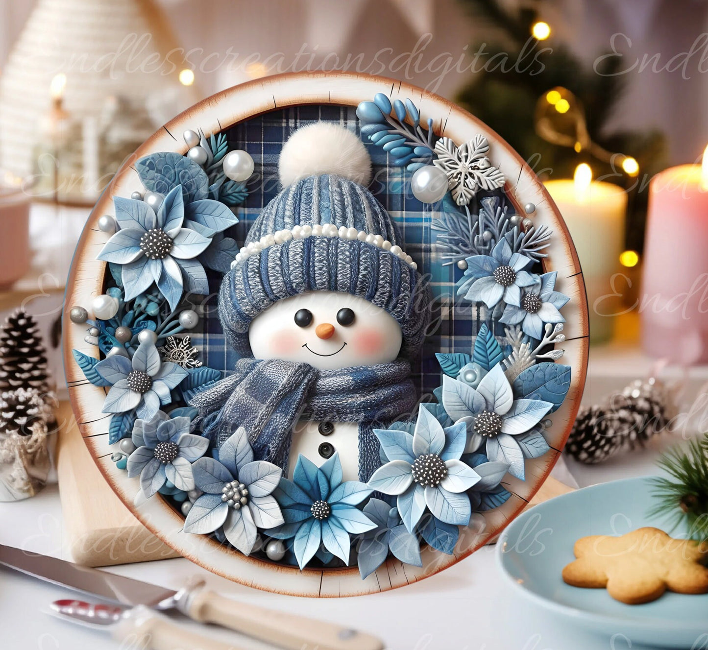 BLUE SNOWMAN DOOR hanger, wreath sign, round cutting board, tree ornament png,  for sublimation high resolution,