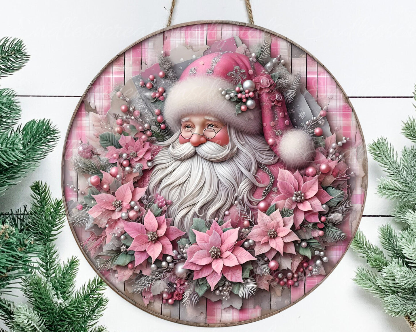 PINK SANTA DOOR hanger, wreath sign, round cutting board png, tree ornament for sublimation high resolution,