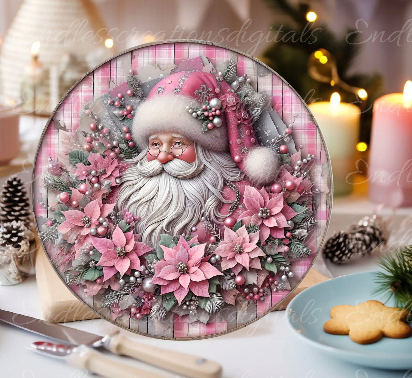 PINK SANTA DOOR hanger, wreath sign, round cutting board png, tree ornament for sublimation high resolution,