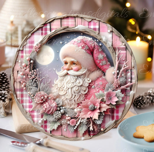 PINK SANTA DOOR hanger, wreath sign, round cutting board png, tree ornament for sublimation high resolution,