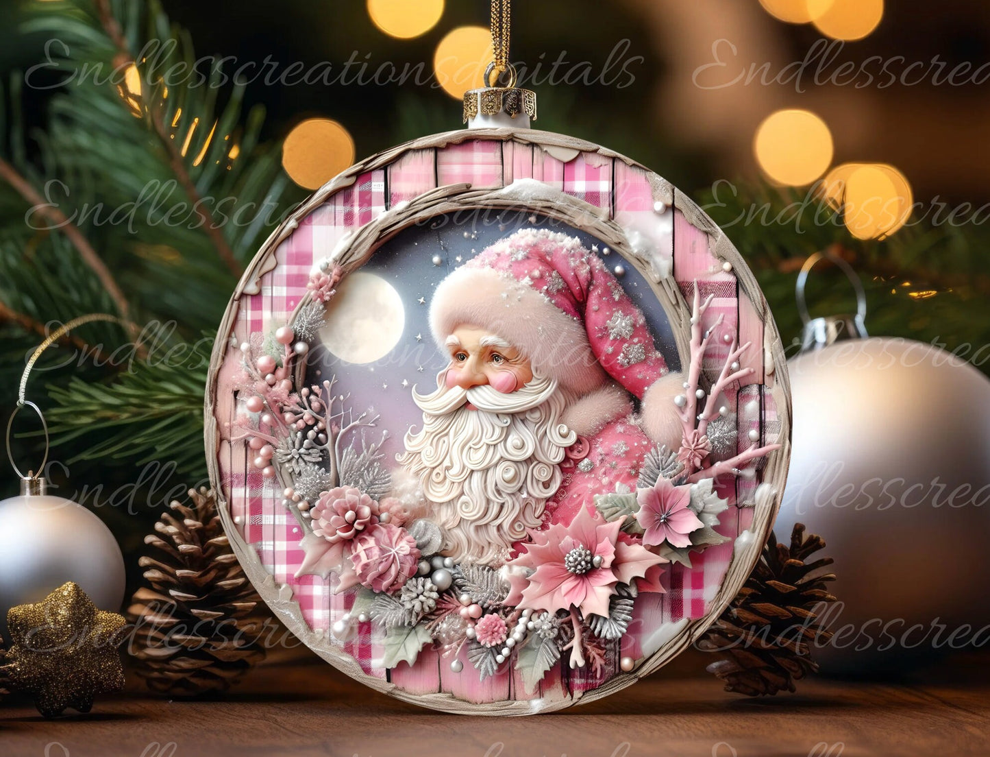 PINK SANTA DOOR hanger, wreath sign, round cutting board png, tree ornament for sublimation high resolution,