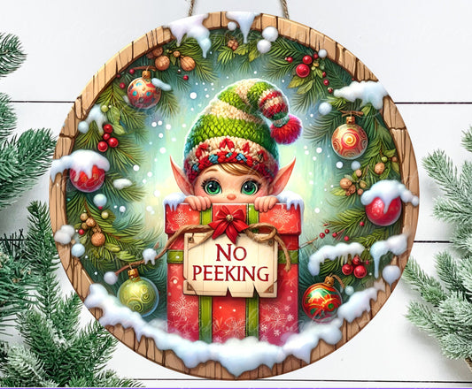 NO PEEKING ELF door hanger, wreath sign, round cutting board png, ornament for sublimation high resolution, 2 files  1 add your own text