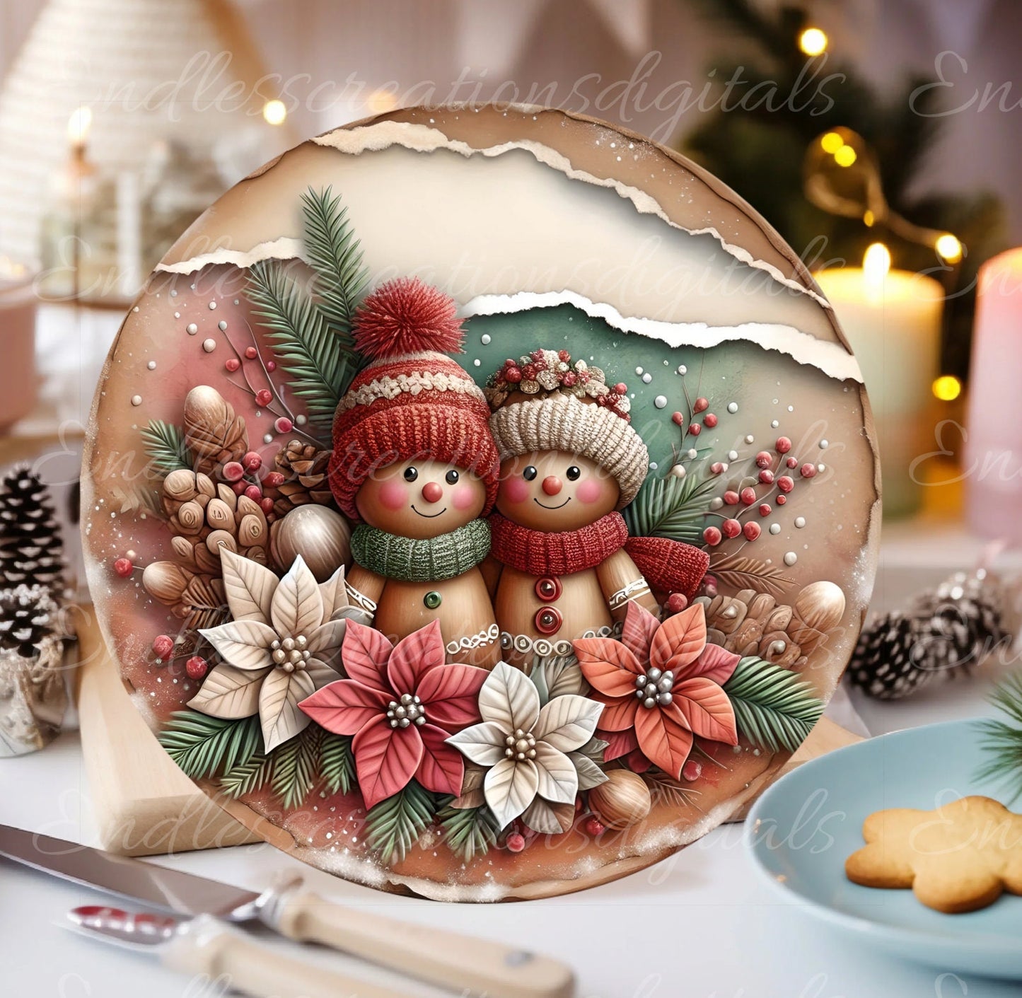 GINGERBREAD COUPLE DOOR hanger, wreath sign, round cutting board png, ornament for sublimation high resolution,