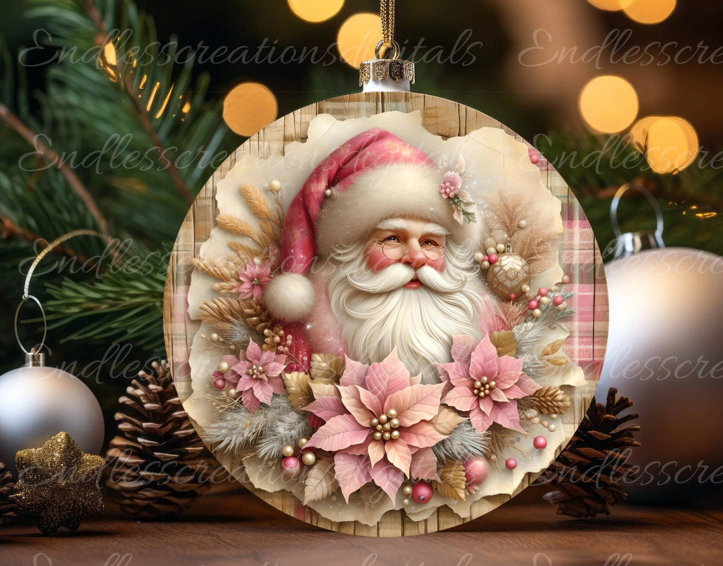 PINK SANTA DOOR hanger, wreath sign, round cutting board png, tree ornament for sublimation high resolution,