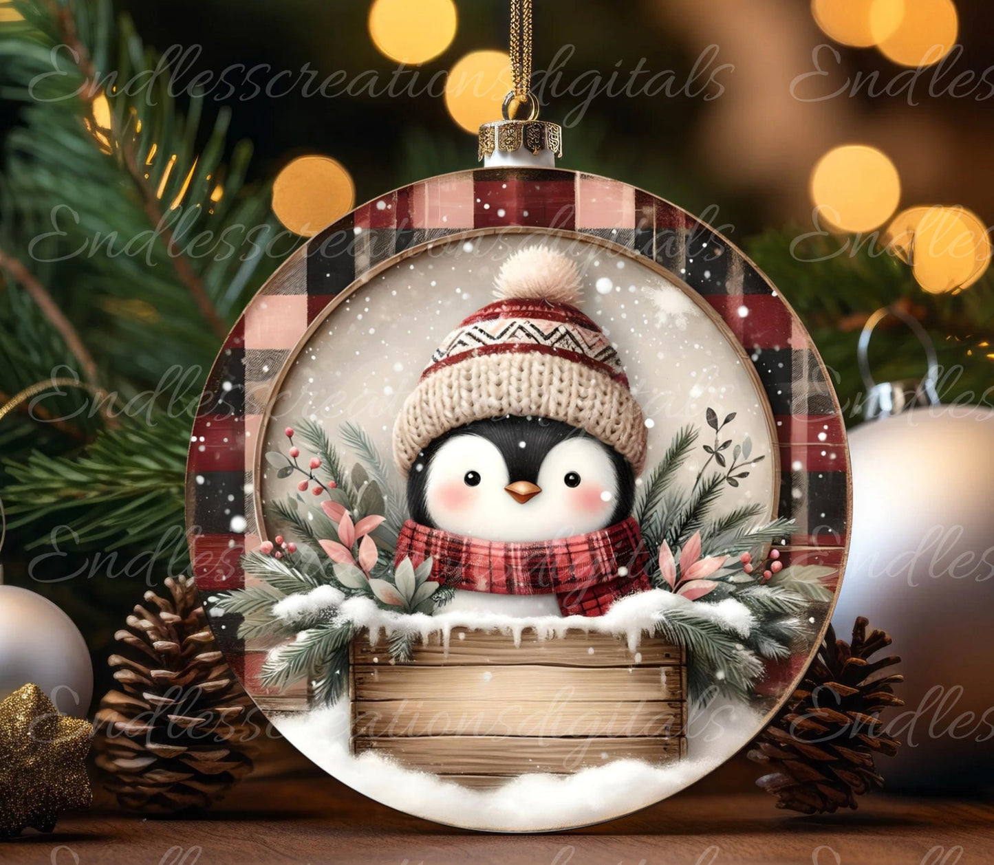 WINTER PENGUIN ROUND door hanger, wreath sign, square cutting board, coaster png,  for sublimation high resolution, 2 files, 1 blank