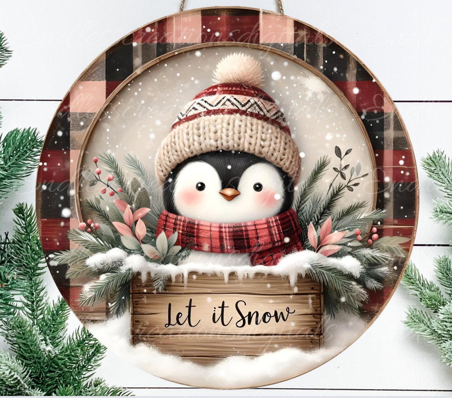 WINTER PENGUIN ROUND door hanger, wreath sign, square cutting board, coaster png,  for sublimation high resolution, 2 files, 1 blank