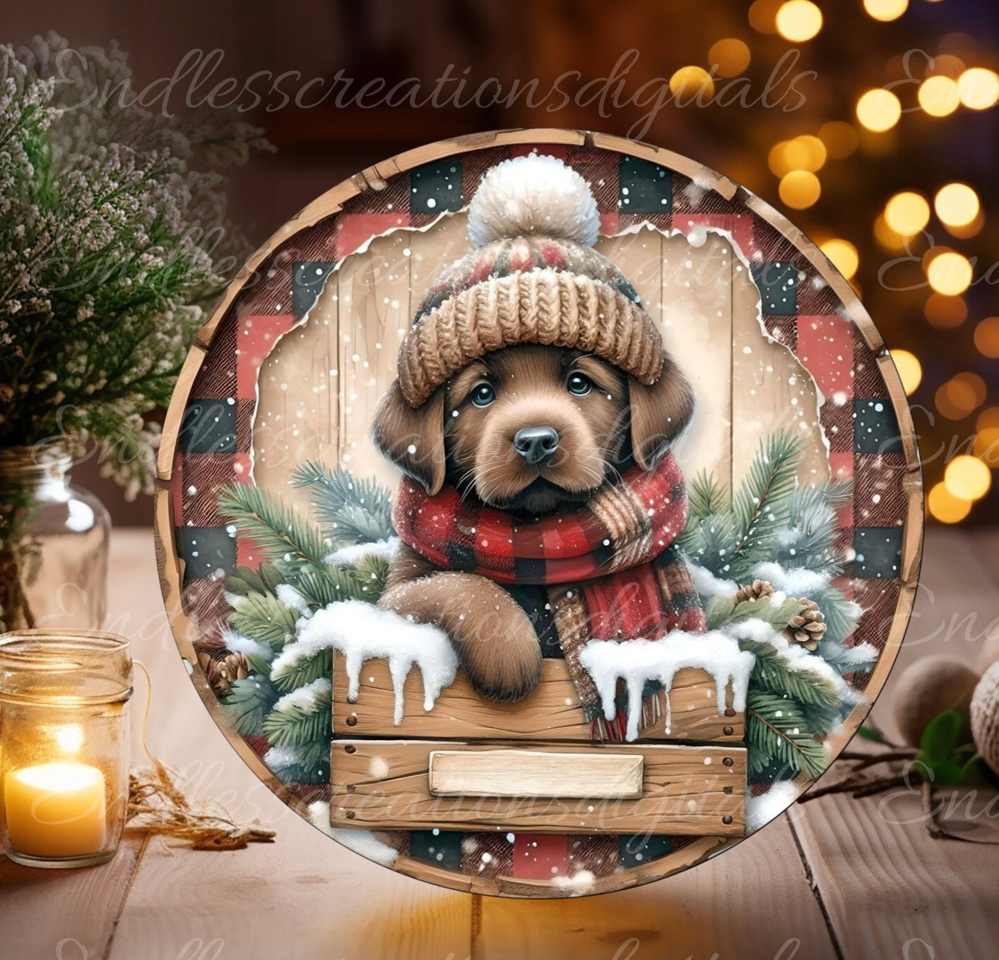 WINTER LAB PUPPY round door hanger, wreath sign, round cutting board, coaster, ornament  for sublimation high resolution, 2 files, 1 blank