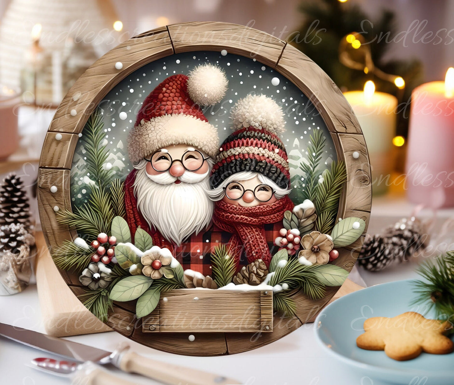 SANTA, MRS CLAUS round door hanger, wreath sign, square cutting board, coaster png,  for sublimation high resolution, 2 files, 1 blank