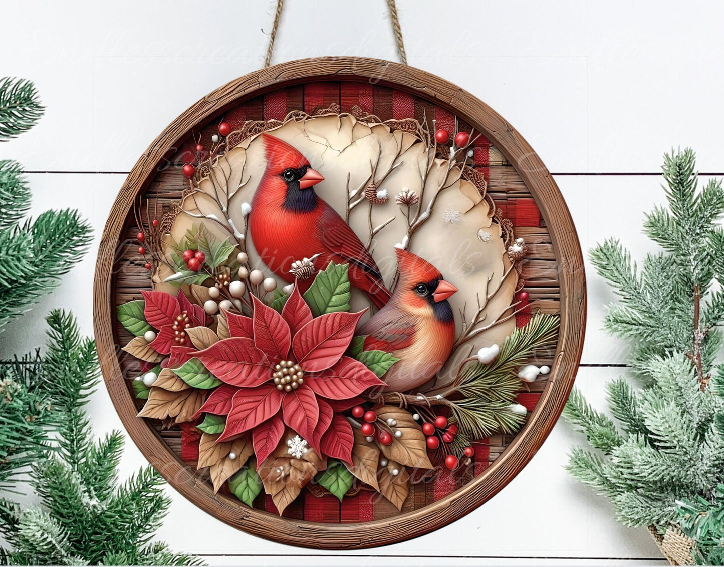 WINTER CARDINALS ROUND cutting board, wreath sign, ornament, door hanger etc. 300 dpi png, for sublimation