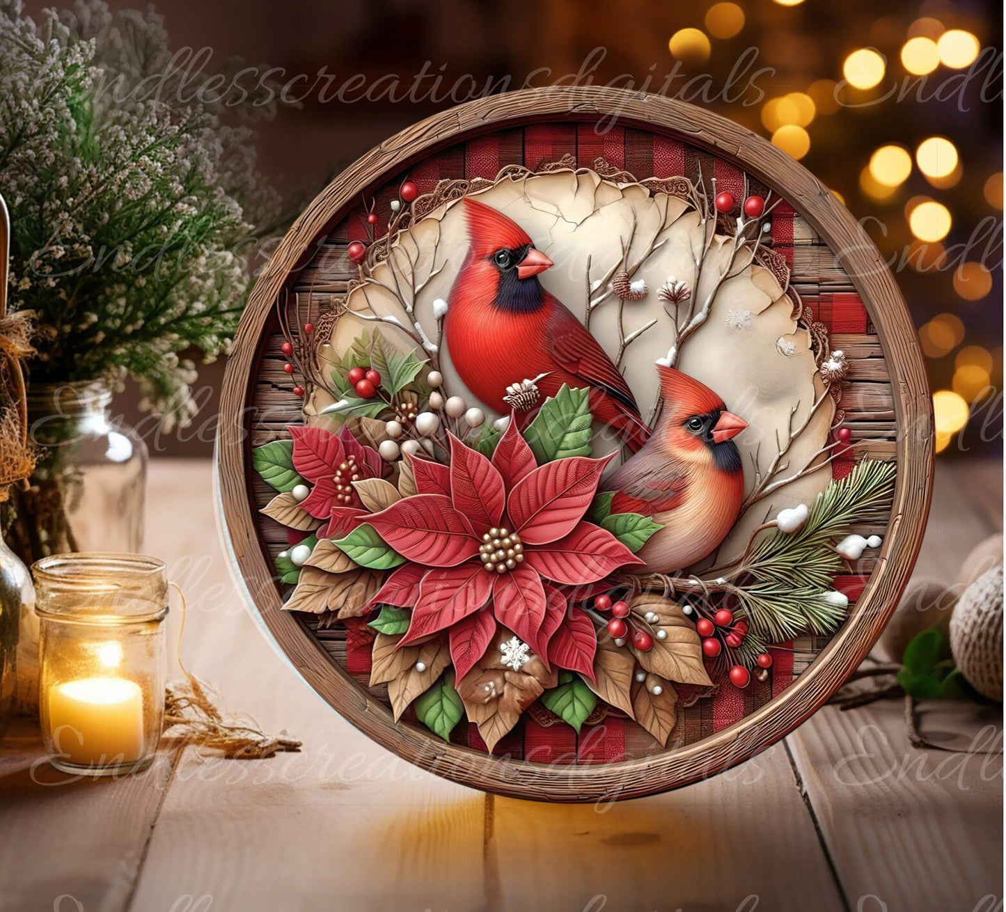 WINTER CARDINALS ROUND cutting board, wreath sign, ornament, door hanger etc. 300 dpi png, for sublimation