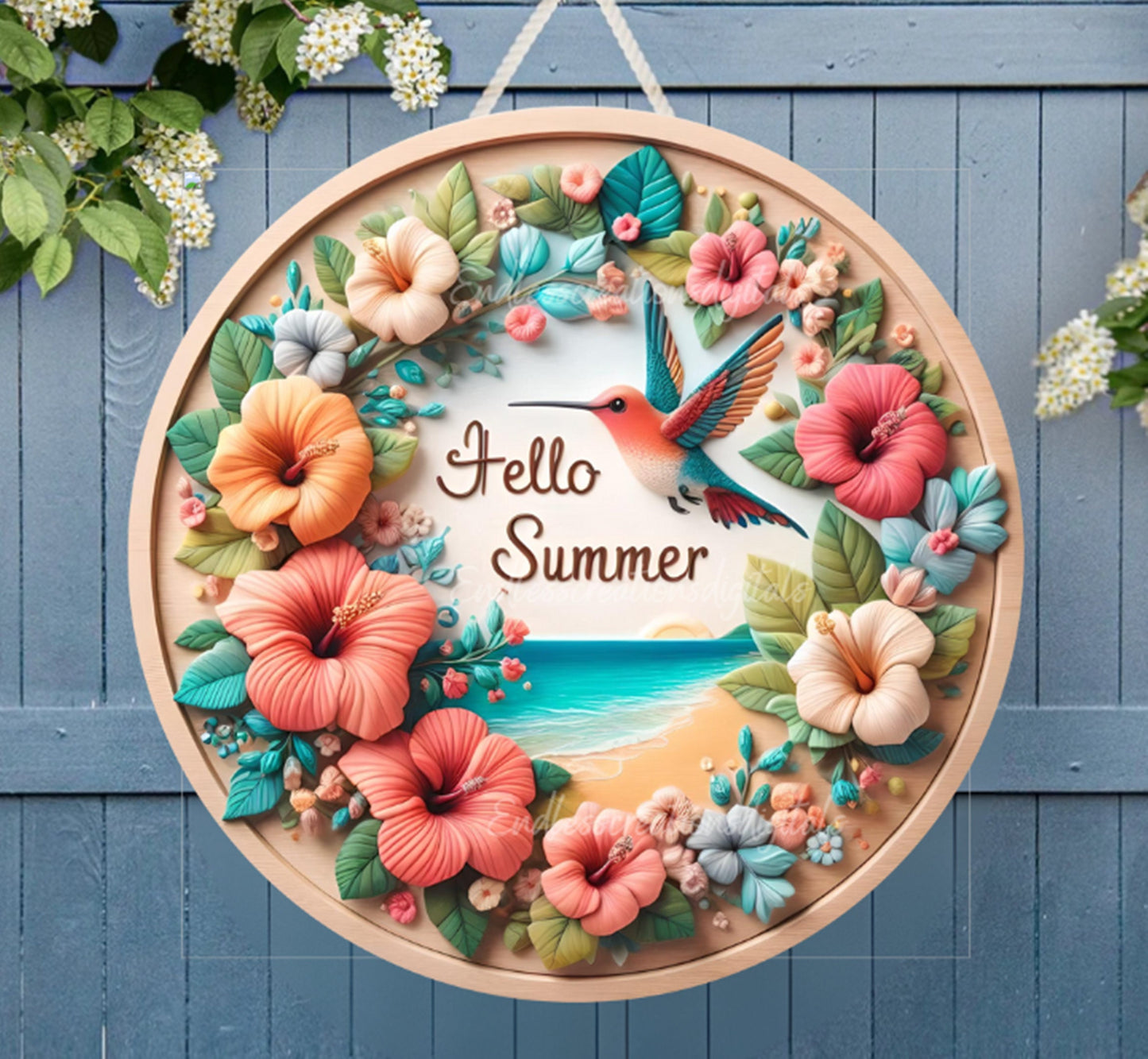 HELLO SUMMER door hanger, wreath sign png, wind spinner for sublimation high resolution,