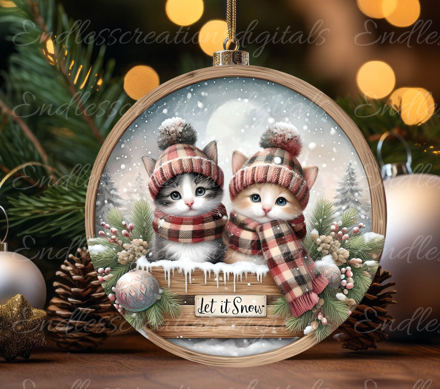 WINTER KITTENS ROUND door hanger, wreath sign, round cutting board, coaster, ornament  for sublimation high resolution, 2 files, 1 blank