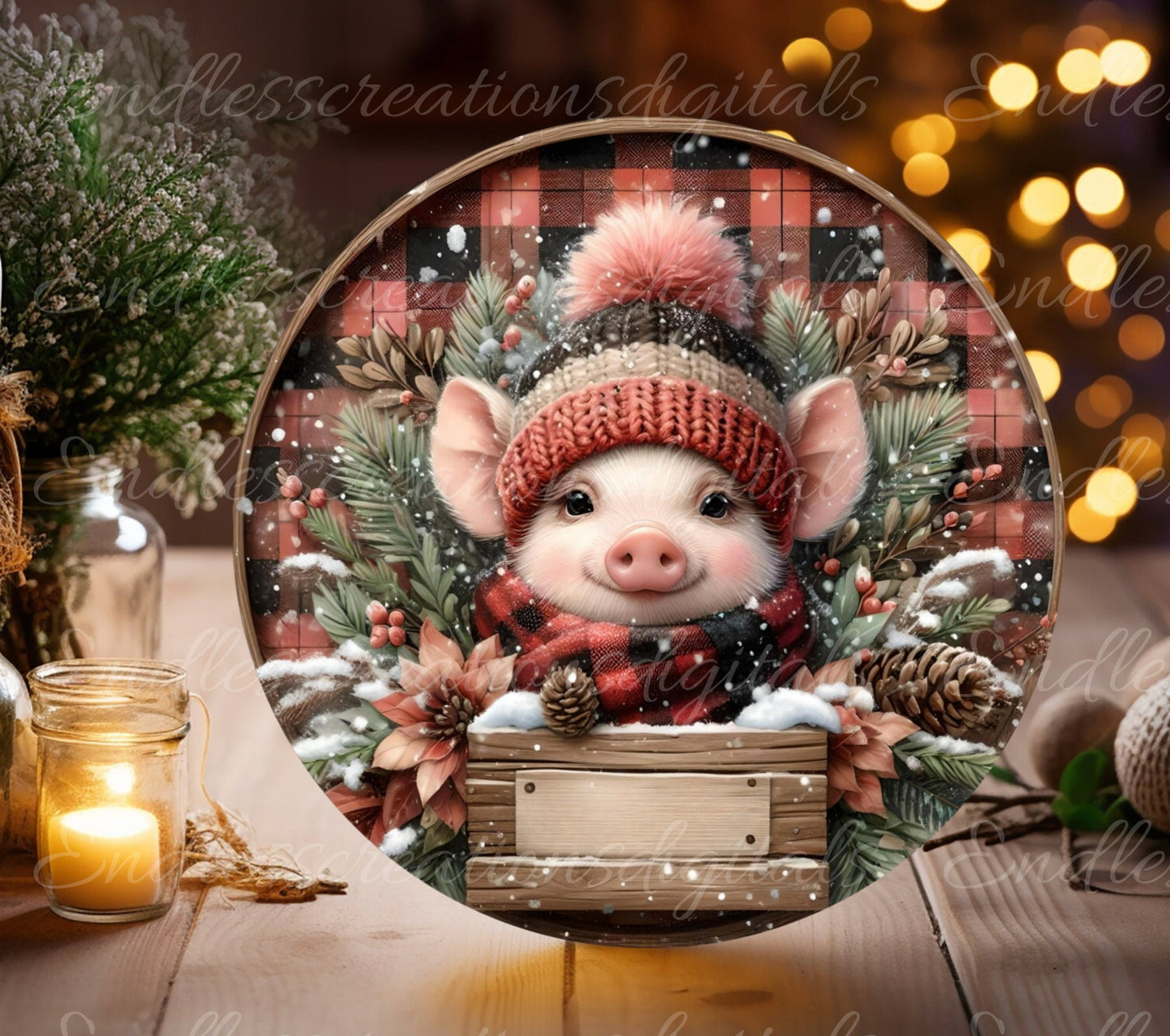 WINTER PIG ROUND door hanger, wreath sign, round cutting board, coaster, ornament  for sublimation high resolution, 2 files, 1 blank