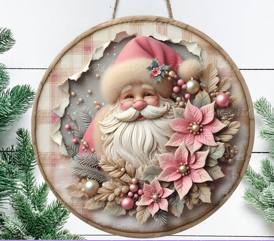 PINK SANTA DOOR hanger, wreath sign, round cutting board png, tree ornament for sublimation high resolution, can be resized