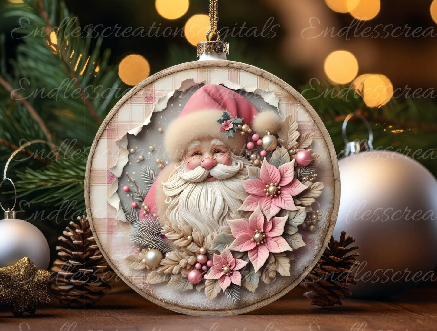 PINK SANTA DOOR hanger, wreath sign, round cutting board png, tree ornament for sublimation high resolution, can be resized