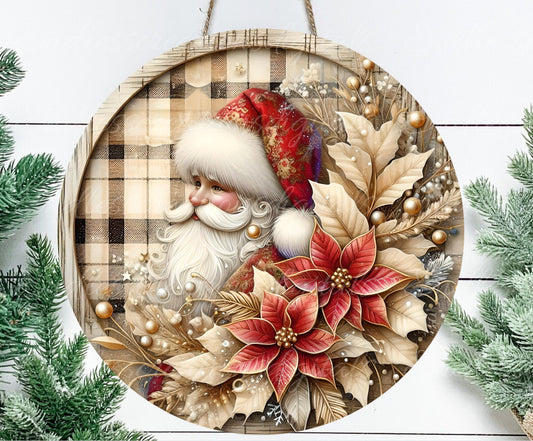 VINTAGE SANTA RED and gold door hanger, wreath sign, round cutting board png,  for sublimation high resolution, can be resized