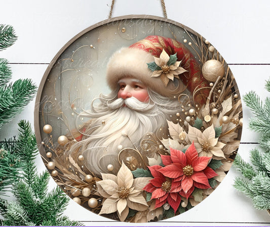 VINTAGE SANTA RED and gold door hanger, wreath sign, round cutting board png,  for sublimation high resolution, can be resized