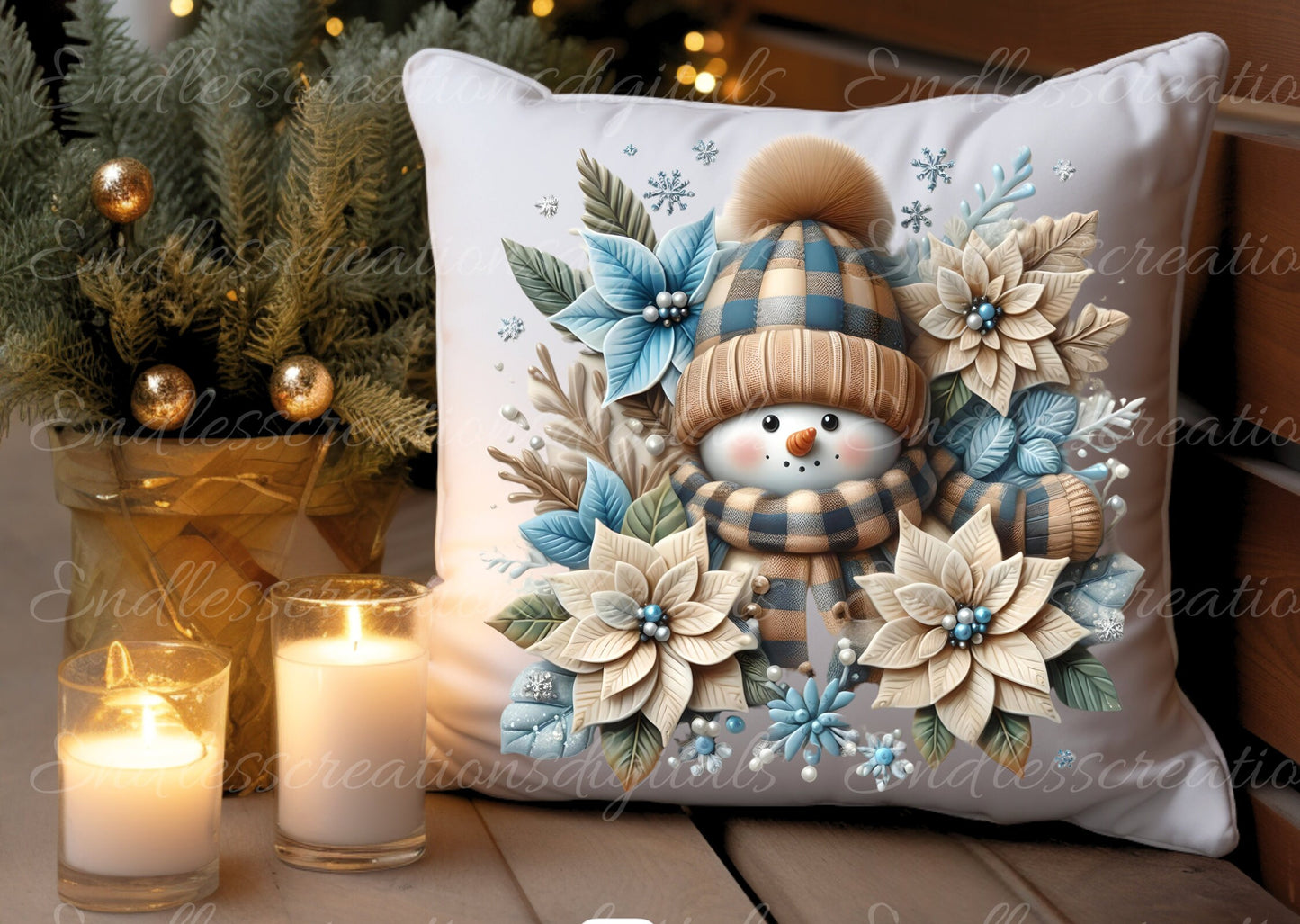 BLUE BEIGE SNOWMAN pillow, tea towel etc. sublimation package of 5 high definition 300png, transparent