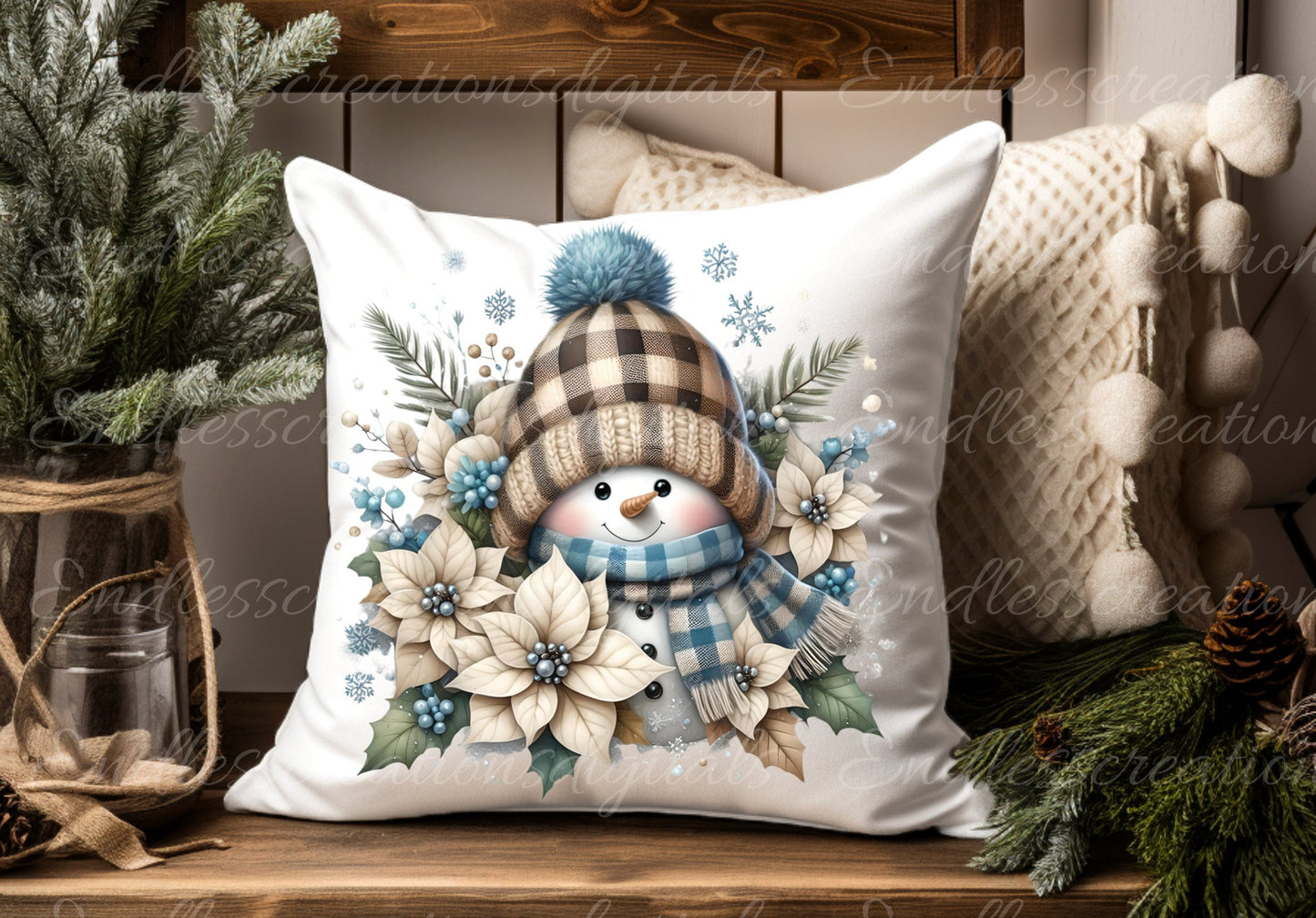 BLUE BEIGE SNOWMAN pillow, tea towel etc. sublimation package of 5 high definition 300png, transparent