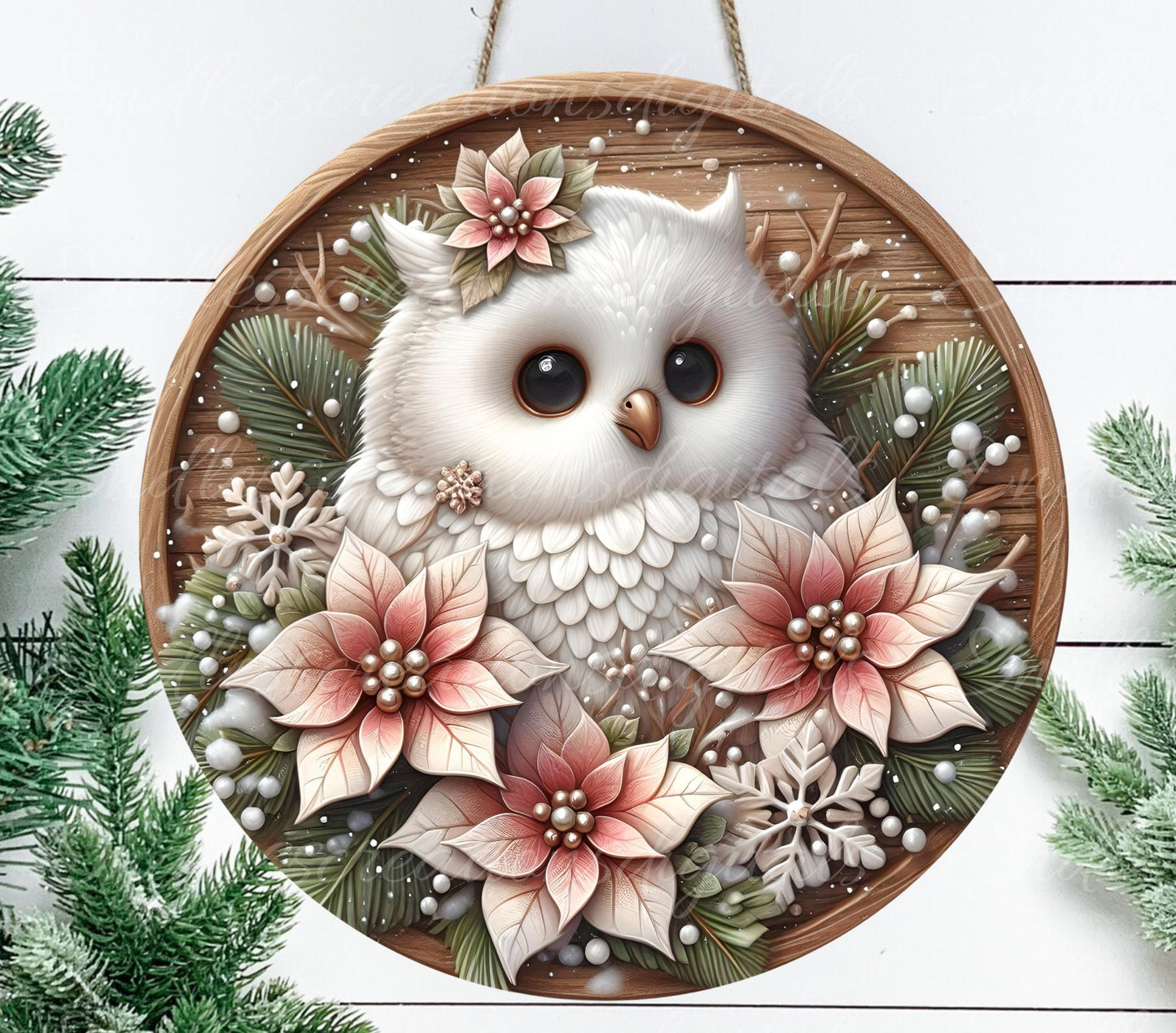 WINTER SNOW OWL door hanger, wreath sign, round cutting board, tree ornament png, coasters etc. sublimation high resolution