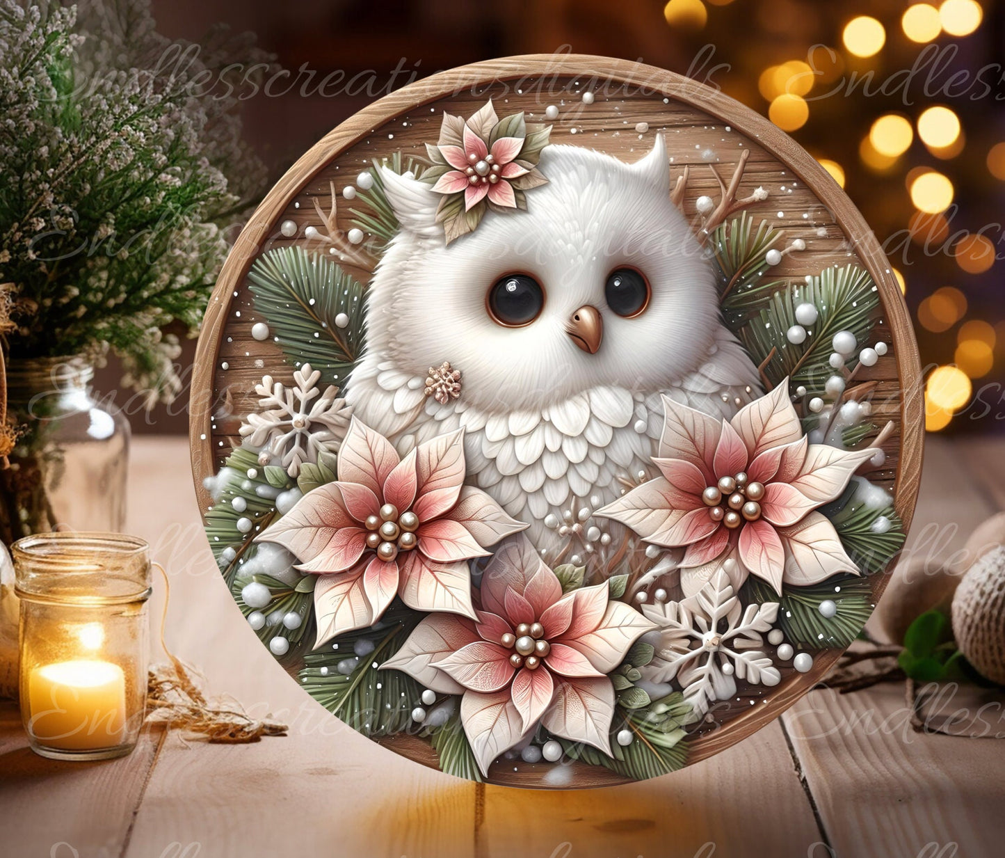 WINTER SNOW OWL door hanger, wreath sign, round cutting board, tree ornament png, coasters etc. sublimation high resolution