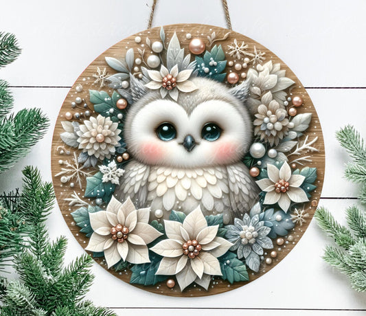 WINTER SNOW OWL door hanger, wreath sign, round cutting board, tree ornament png,  sublimation high resolution