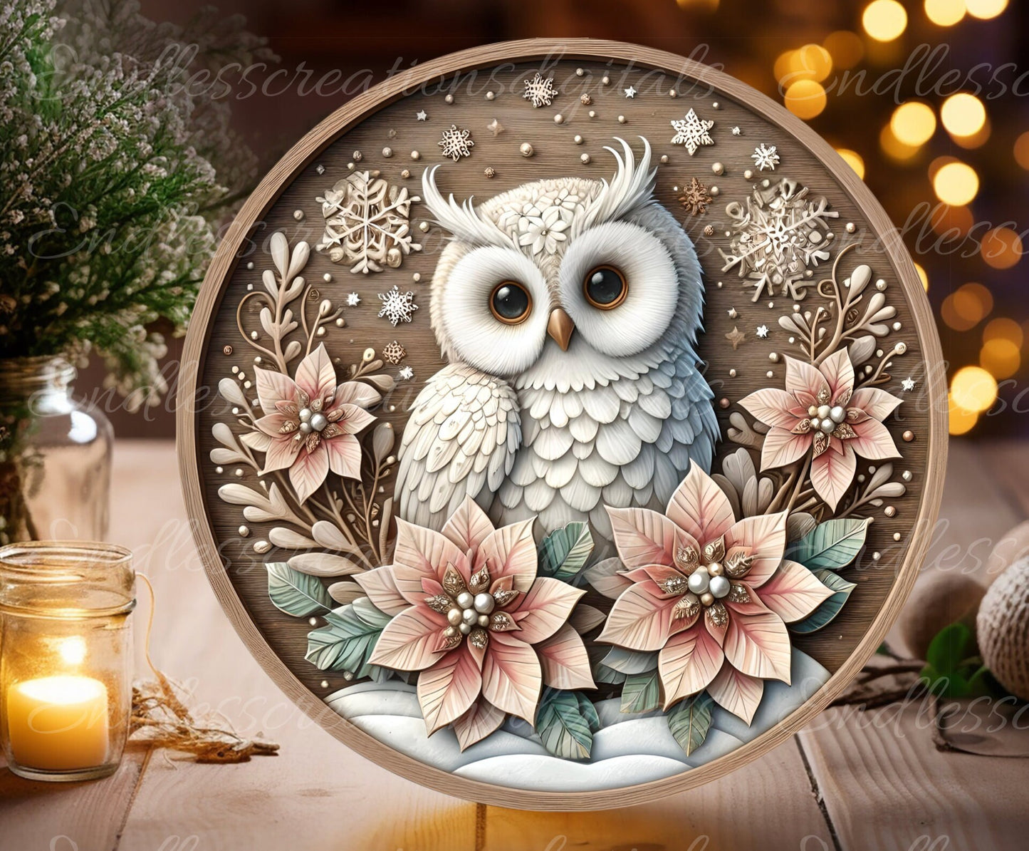 WINTER SNOW OWL door hanger, wreath sign, round cutting board, tree ornament png, coasters etc. sublimation high resolution