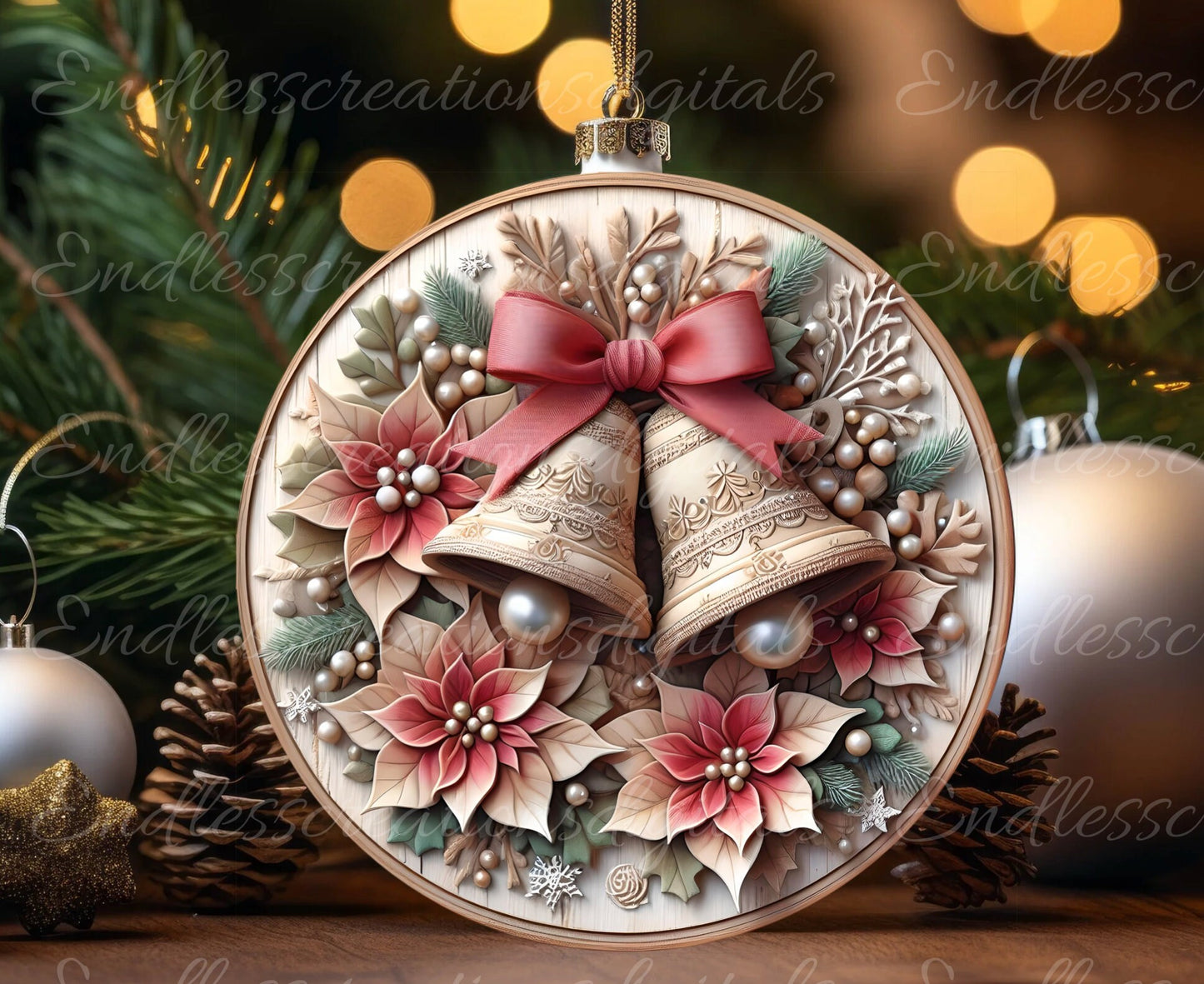 PINK GOLD WINTER bells door hanger, wreath sign, round cutting board, tree ornament png,  sublimation high resolution, can be resized