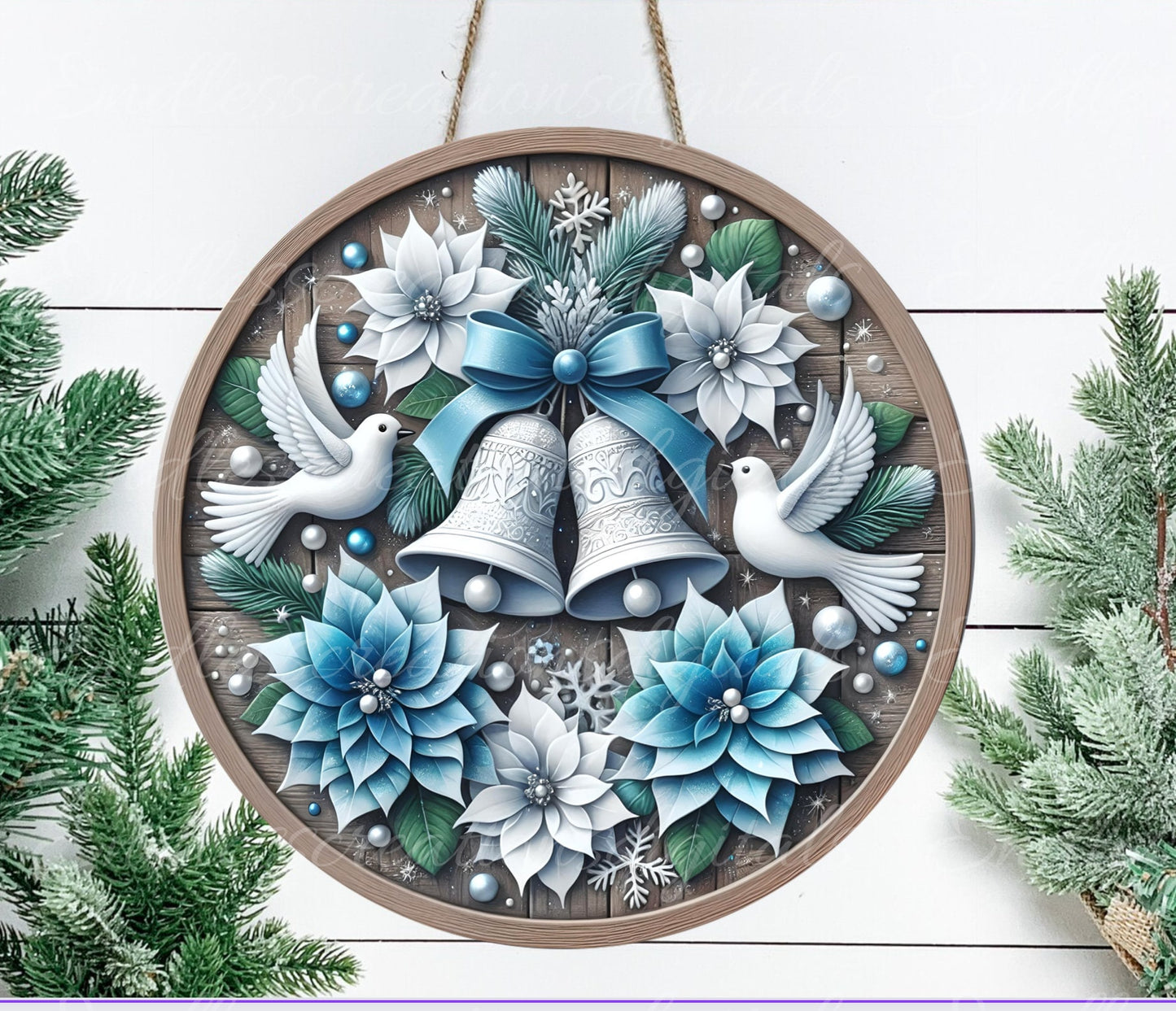 BLUE CANDLE DOVES winter round door hanger, wreath sign, round cutting board, coasters etc,  for sublimation high resolution, can be resized