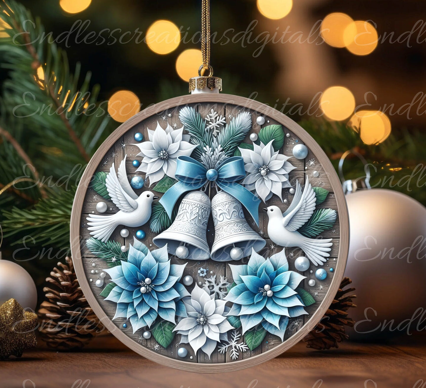 BLUE CANDLE DOVES winter round door hanger, wreath sign, round cutting board, coasters etc,  for sublimation high resolution, can be resized