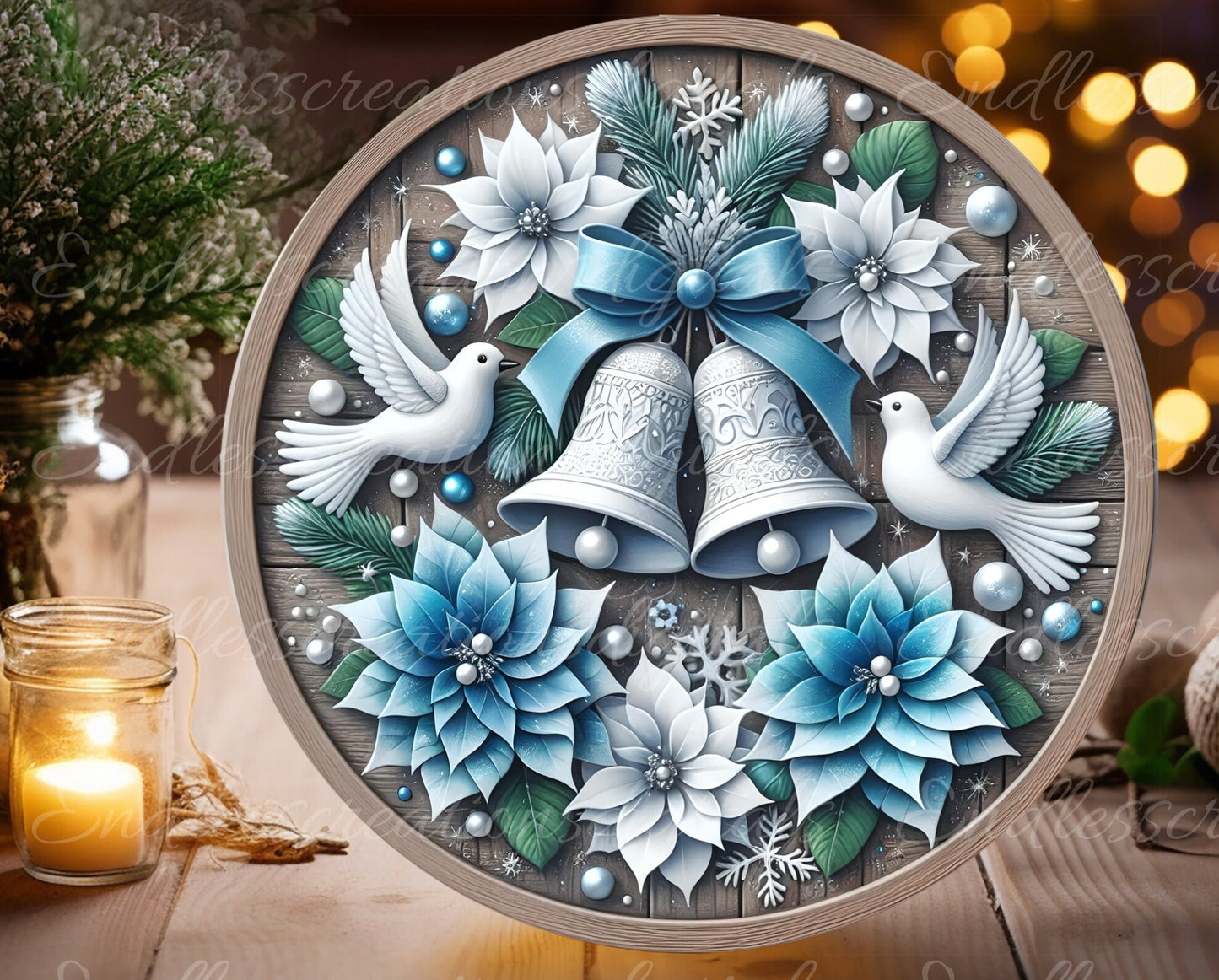 BLUE CANDLE DOVES winter round door hanger, wreath sign, round cutting board, coasters etc,  for sublimation high resolution, can be resized