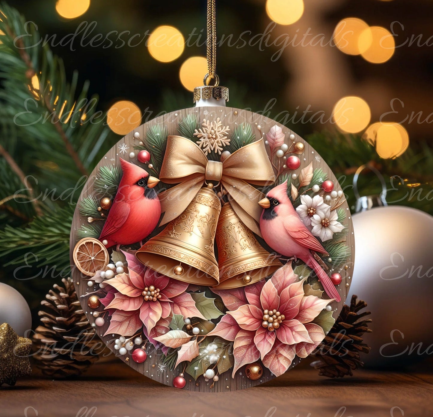 CARDINALS BELLS WINTER round door hanger, wreath sign, round cutting board, coasters etc,  for sublimation high resolution, can be resized